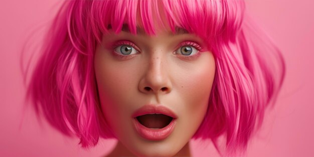 Photo woman wearing a vibrant pink wig with a wide open mouth copy space