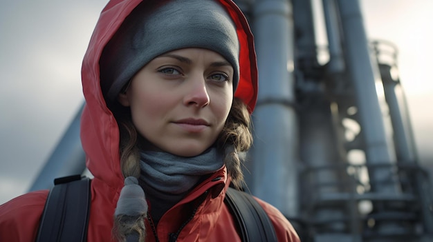 A woman wearing a vibrant red jacket and hoodie