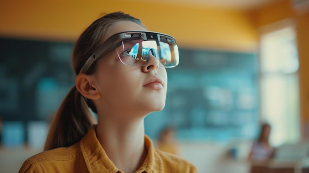 Woman Wearing Virtual Glasses Exploring the Digital World With Virtual Reality Technology Teachers Day