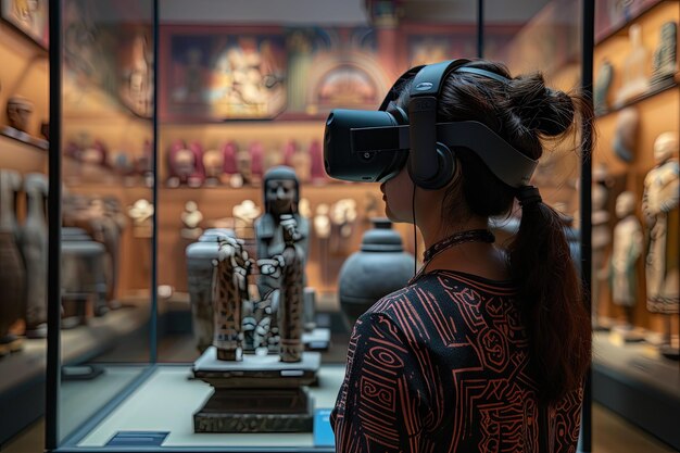 Foto una donna che indossa un auricolare virtuale che guarda la ceramica