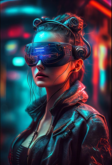 Woman wearing Virtual reality device playing in digital world Created with Generative AI technology