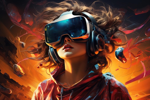 Woman wearing virtual reality glasses in a colorful virtual world Future technology concept