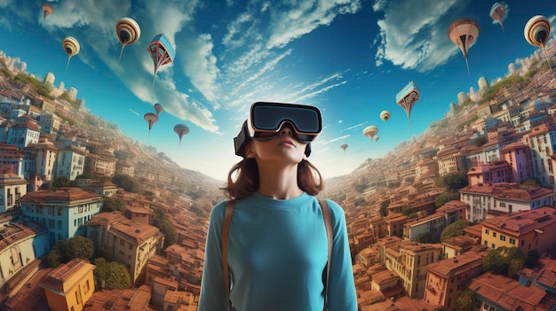 A woman wearing a virtual reality glasses looks at the sky.