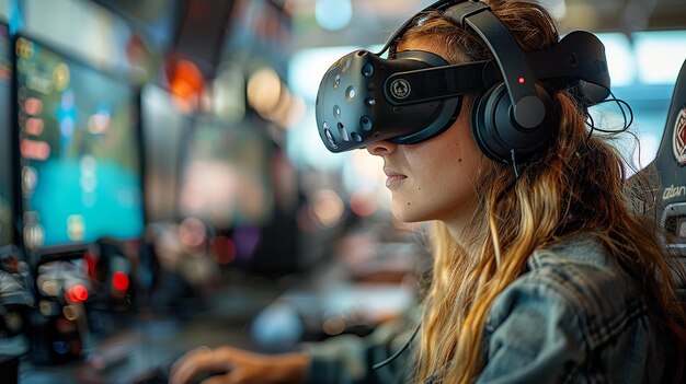 a woman wearing virtual reality glasses sits in front of a monitor