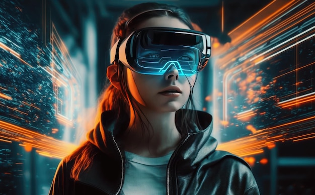 A woman wearing a virtual reality glasses stands in front of a futuristic screen.