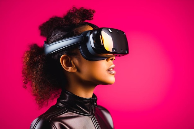 a woman wearing virtual reality glasses with a red background