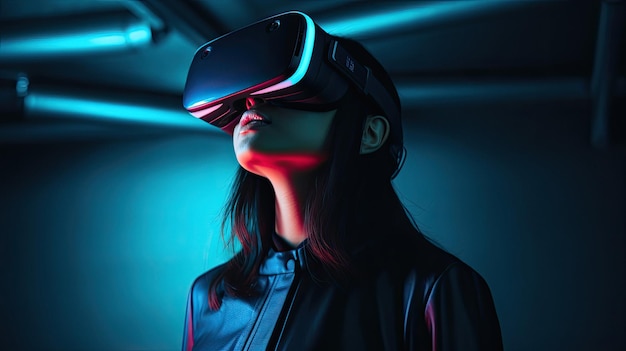 A woman wearing a virtual reality glasses with the words " virtual reality " on the screen.