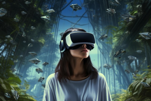 Woman wearing virtual reality goggles in the jungle