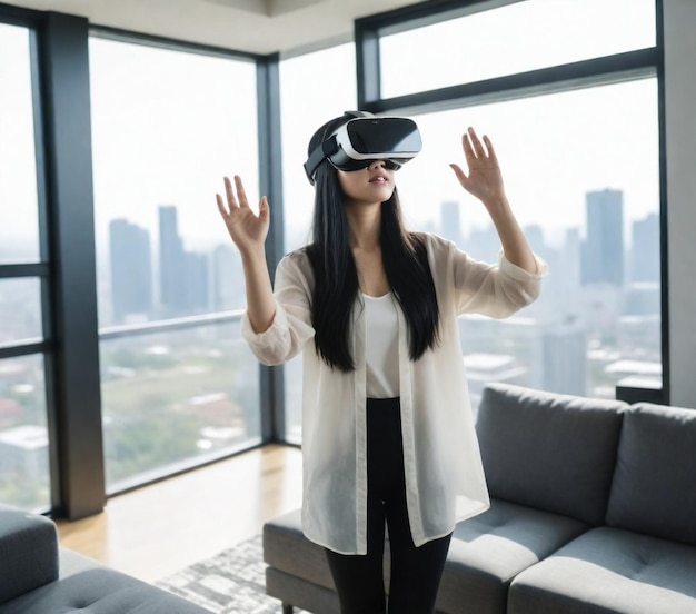 a woman wearing virtual reality goggles stands in front of a window