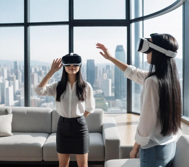 a woman wearing virtual reality goggles stands in front of a window