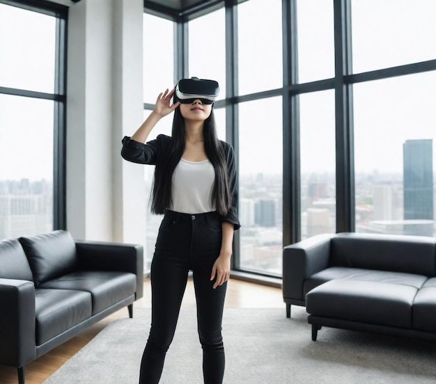a woman wearing virtual reality goggles stands in front of a window