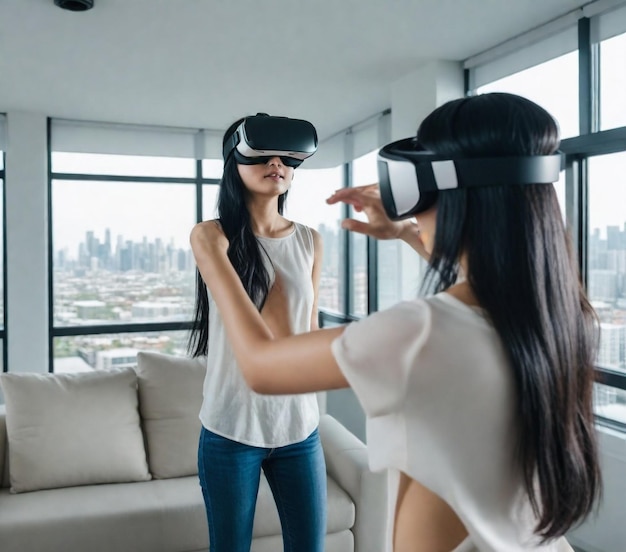 a woman wearing virtual reality goggles stands in front of a window