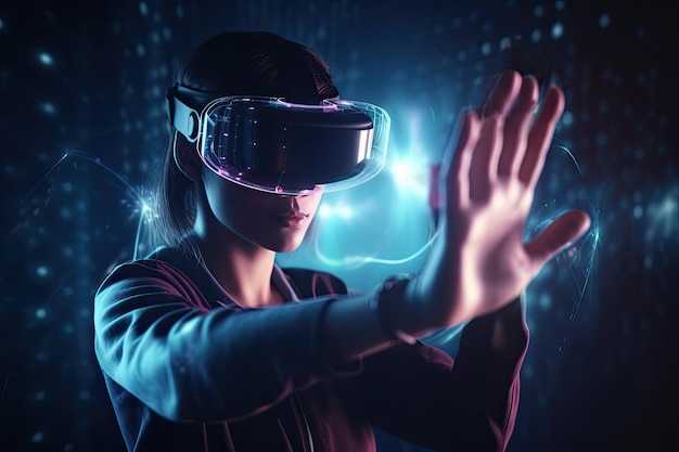 A Woman Wearing Virtual Reality Goggles With Hologram Technology