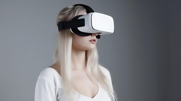 A woman wearing a virtual reality goggles