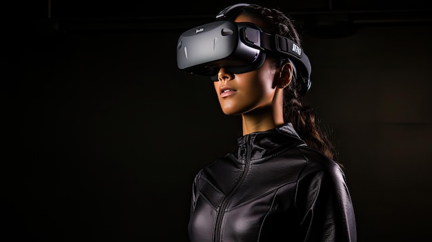 A woman wearing a virtual reality headgear with a black leather jacket.