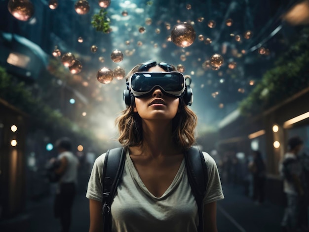 a woman wearing a virtual reality headset in a dark alley with bubbles floating above her
