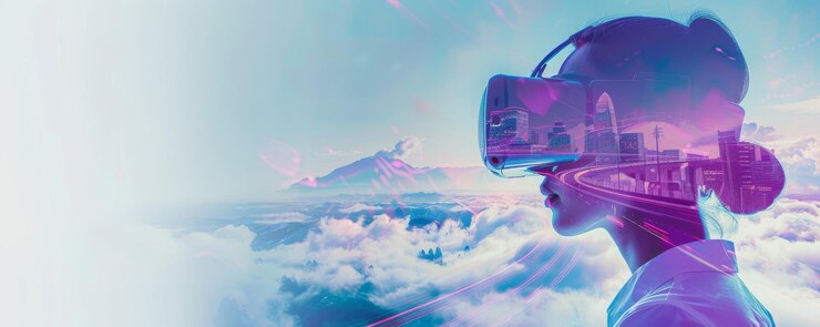 Photo woman wearing virtual reality headset in a double exposure concept with a futuristic cityscape and mountains