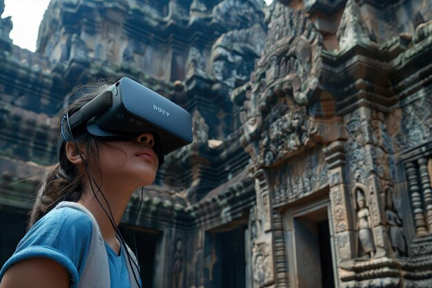 Photo a woman wearing a virtual reality headset in front of a building