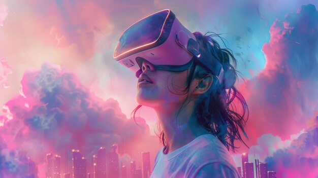 Woman Wearing Virtual Reality Headset in Front of Cityscape