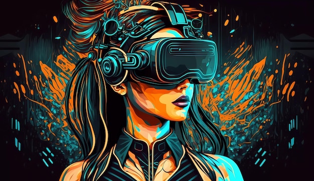 A woman wearing a virtual reality headset in front of a colorful background.