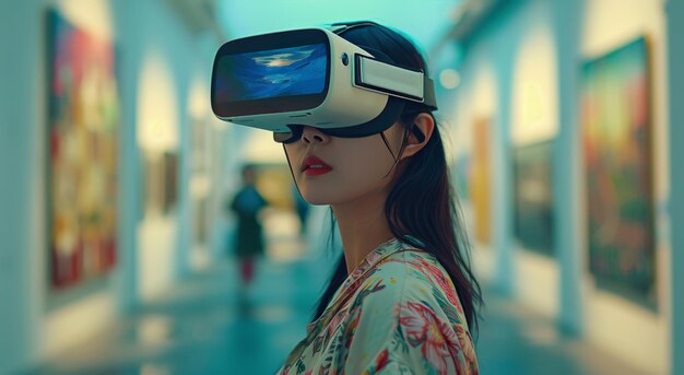 Woman Wearing Virtual Reality Headset in Hallway