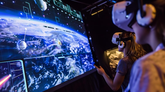 woman wearing a virtual reality headset and holding a controller she is standing in front of a large screen that is displaying a space scene