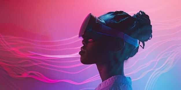 Photo a woman wearing a virtual reality headset is looking at the camera the image has a futuristic and technological vibe with the woman39s outfit