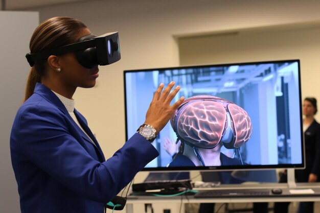 A woman wearing a virtual reality headset is looking at a monitor.