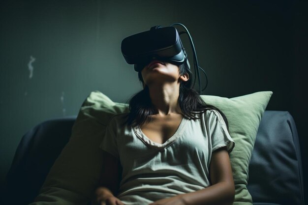 A woman wearing a virtual reality headset is sitting on a couch.