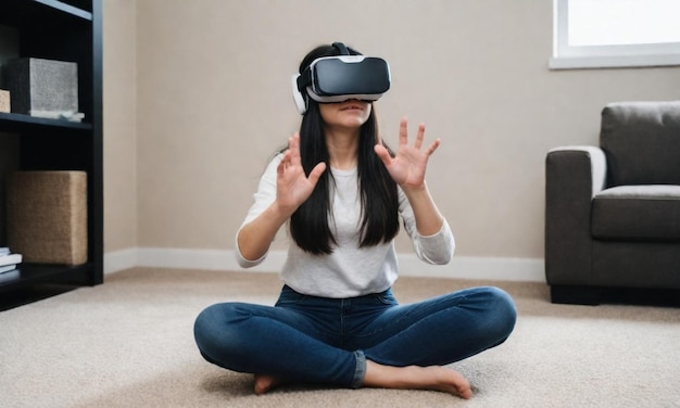 a woman wearing a virtual reality headset is sitting on the floor