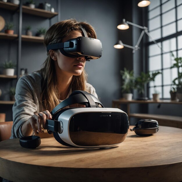 a woman wearing a virtual reality headset is sitting at a table