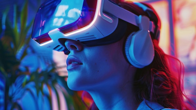 a woman wearing a virtual reality headset is wearing a virtual virtual reality headset