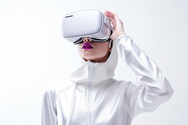 Foto una donna che indossa un auricolare di realtà virtuale indossa una giacca bianca
