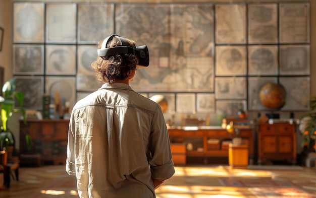 Foto donna che indossa un auricolare di realtà virtuale nel soggiorno ai generativa