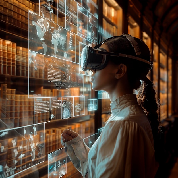 a woman wearing a virtual reality headset looks at a display of glasses