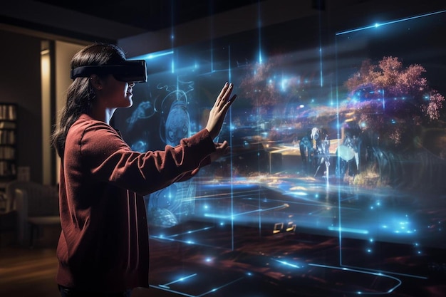 Foto una donna che indossa un visore per la realtà virtuale guarda uno schermo su cui è scritto il numero 3.