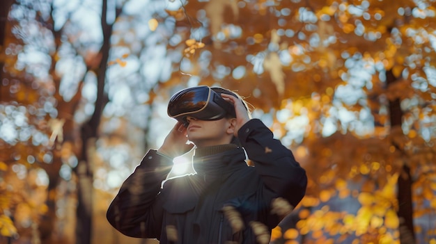 a woman wearing a virtual reality headset looks through binoculars