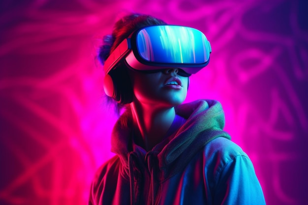 A woman wearing a virtual reality headset in neon colors.