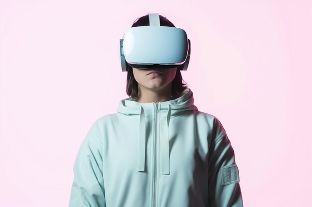 a woman wearing a virtual reality headset on pink background