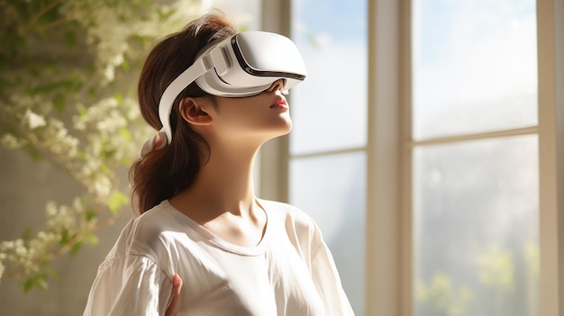 woman wearing a virtual reality headset in room in the style of light tones background