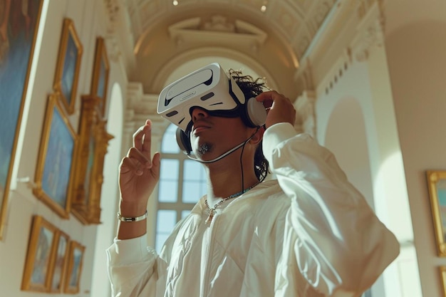 a woman wearing a virtual reality headset in a room