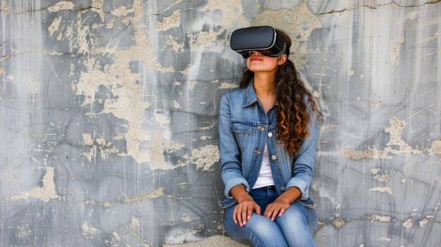 a woman wearing a virtual reality headset sits in front of a wall with a blue shirt and jeans