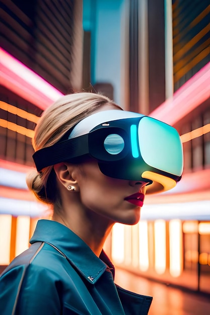 A woman wearing a virtual reality headset stands in front of a building.