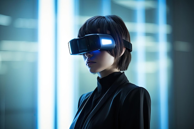 A woman wearing a virtual reality headset stands in front of a glass wall.