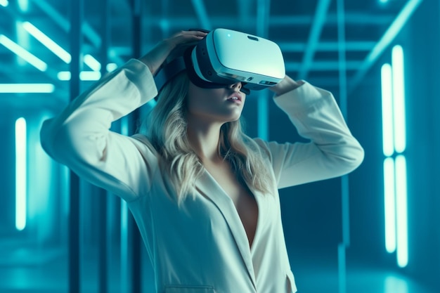 A woman wearing a virtual reality headset stands in a tech room