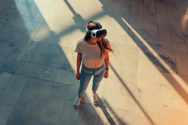 Photo a woman wearing a virtual reality headset using of vr glasses