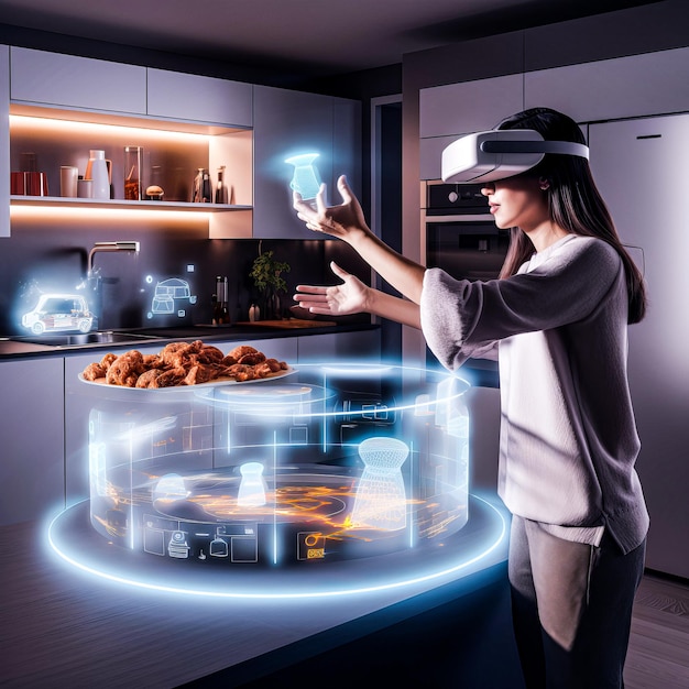 a woman wearing virtual reality headset with AI assistant for smart kitchen