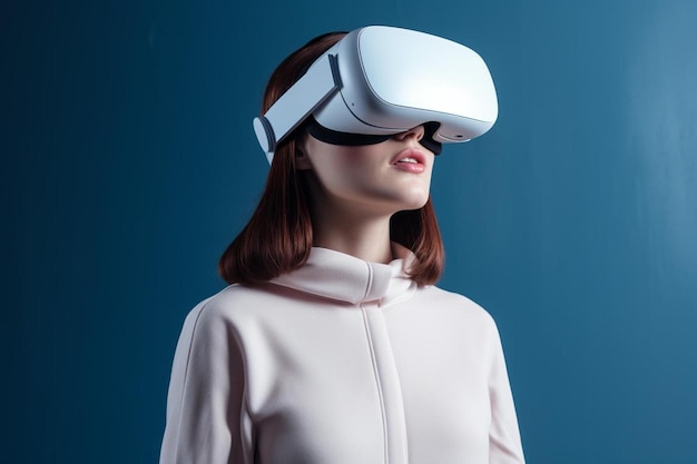 a woman wearing a virtual reality headset with a blue background.
