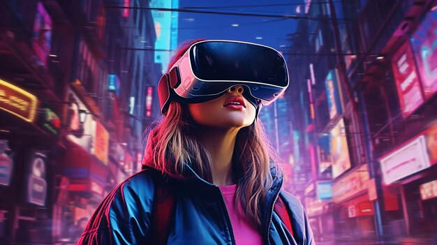 Woman wearing virtual reality headset with cityscape in background neon style illustration ai generated