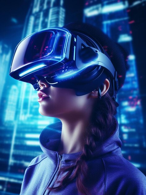 a woman wearing a virtual reality headset with the eyes closed and wearing a virtual reality headset.